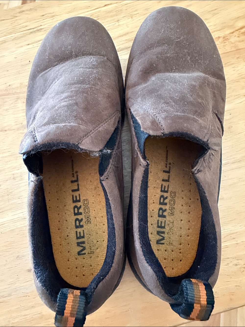 Merrell Brown Slip-On Suede Kids Loafers with Black Trim and Orange Heel Tab